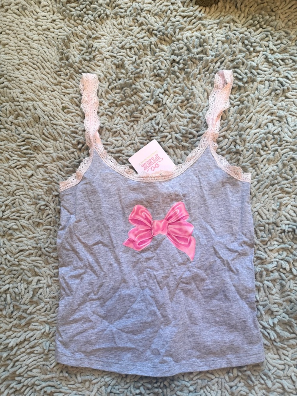 Pink Love Shack Fancy Bow Gray Lace-Trim Tank with Pink Bow Medium New